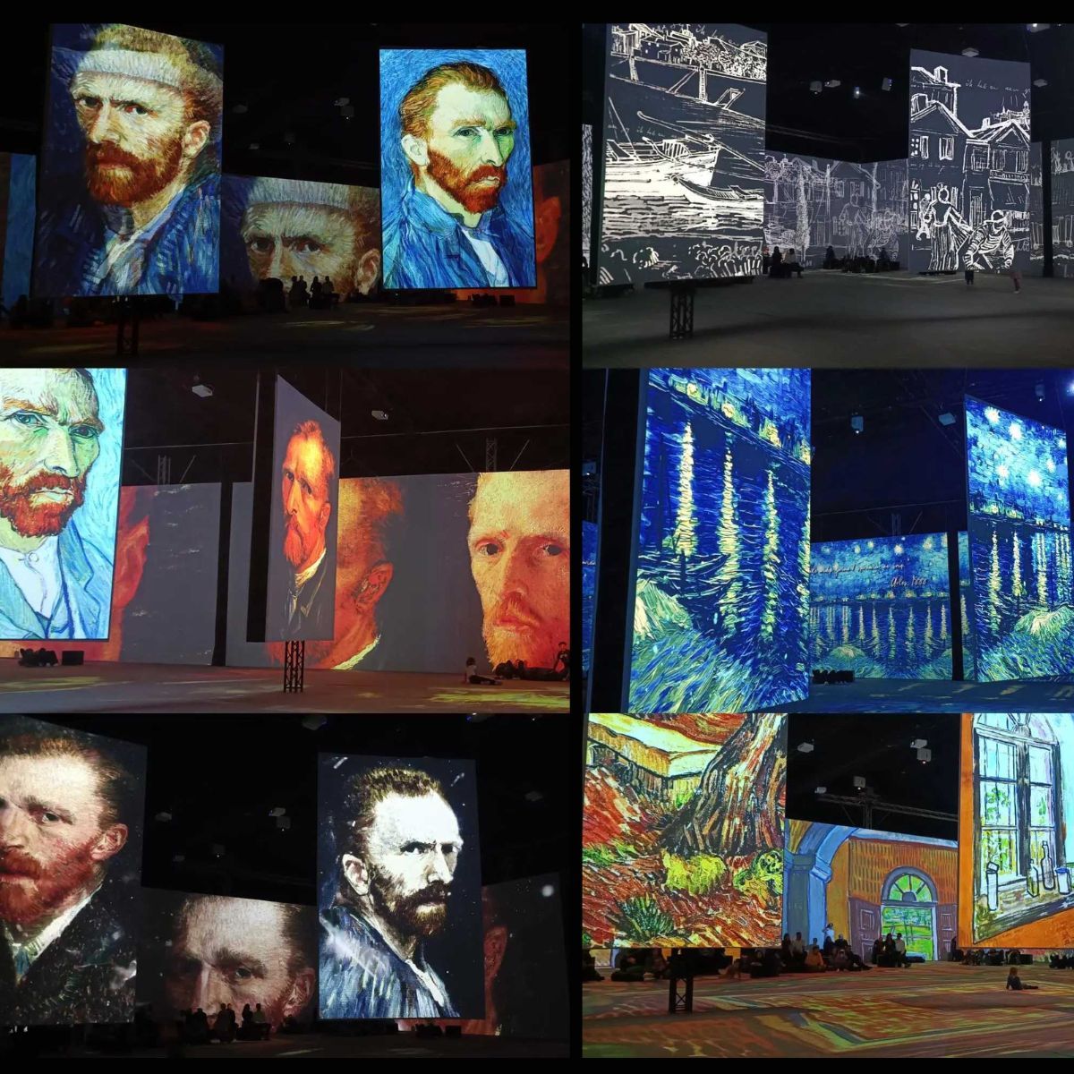 Obrazek przedstawia zestawienie kilku zdjÄ™Ä‡ prezentujÄ…cych wystawÄ™ artystycznÄ… poÅ›wiÄ™conÄ… Vincentowi van Gogh. ZdjÄ™cia ukazujÄ… wielkie ekrany projekcyjne, na ktÃ³rych wyÅ›wietlane sÄ… ikoniczne prace tego artysty.

Na lewym gÃ³rnym zdjÄ™ciu widzimy trzy wielkie ekrany, na ktÃ³rych wyÅ›wietlane sÄ… rÃ³Å¼ne wersje autoportretu Vincenta van Gogha w charakterystycznym niebieskim kapeluszu.

Na gÃ³rnym Å›rodkowym zdjÄ™ciu ukazane jest zbliÅ¼enie na jeden z autoportretÃ³w artysty.

GÃ³rne prawe zdjÄ™cie przedstawia czarno-biaÅ‚Ä… grafikÄ™ przedstawiajÄ…cÄ… pejzaÅ¼ miejski z budynkami i Å‚odziÄ… na rzece.

Åšrodkowe lewe zdjÄ™cie pokazuje ekrany z rÃ³Å¼nymi autoportretami van Gogha ukazujÄ…cymi artystÄ™ w rÃ³Å¼nych ekspresjach.

Na Å›rodkowym zdjÄ™ciu z prawej strony widzimy sÅ‚ynne "GwiaÅºdzistÄ… noc" â€“ pejzaÅ¼ z krÄ™cÄ…cymi siÄ™ gwiazdami i cyprysem na pierwszym planie.

Na dolnym lewym zdjÄ™ciu sÄ… ponownie rÃ³Å¼ne autoportrety artysty, tym razem w ciemniejszych tonacjach.

Dolne Å›rodkowe zdjÄ™cie to kolejny autoportret van Gogha na duÅ¼ym ekranie.

Na dolnym prawym zdjÄ™ciu ukazany jest inny obraz van Gogha przedstawiajÄ…cy wnÄ™trze pokoju z otwartym oknem i czerwonymi cegÅ‚ami na podÅ‚odze.

Na niektÃ³rych zdjÄ™ciach moÅ¼na dostrzec sylwetki ludzi, co daje nam poczucie skali i wielkoÅ›ci tych projekcji. CaÅ‚oÅ›Ä‡ prezentuje siÄ™ jako nowoczesna i interaktywna forma prezentacji dzieÅ‚ sztuki.