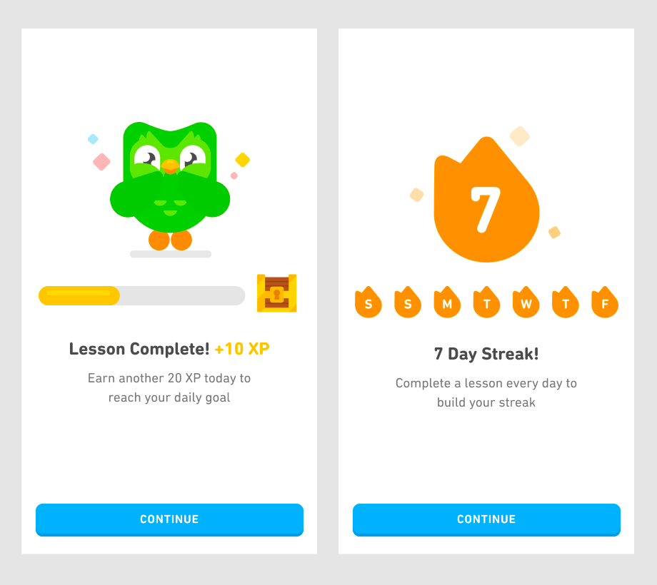Widok z aplikacji Duolingo informujący o wykonaniu lekcji i siedmiodniowym streaku