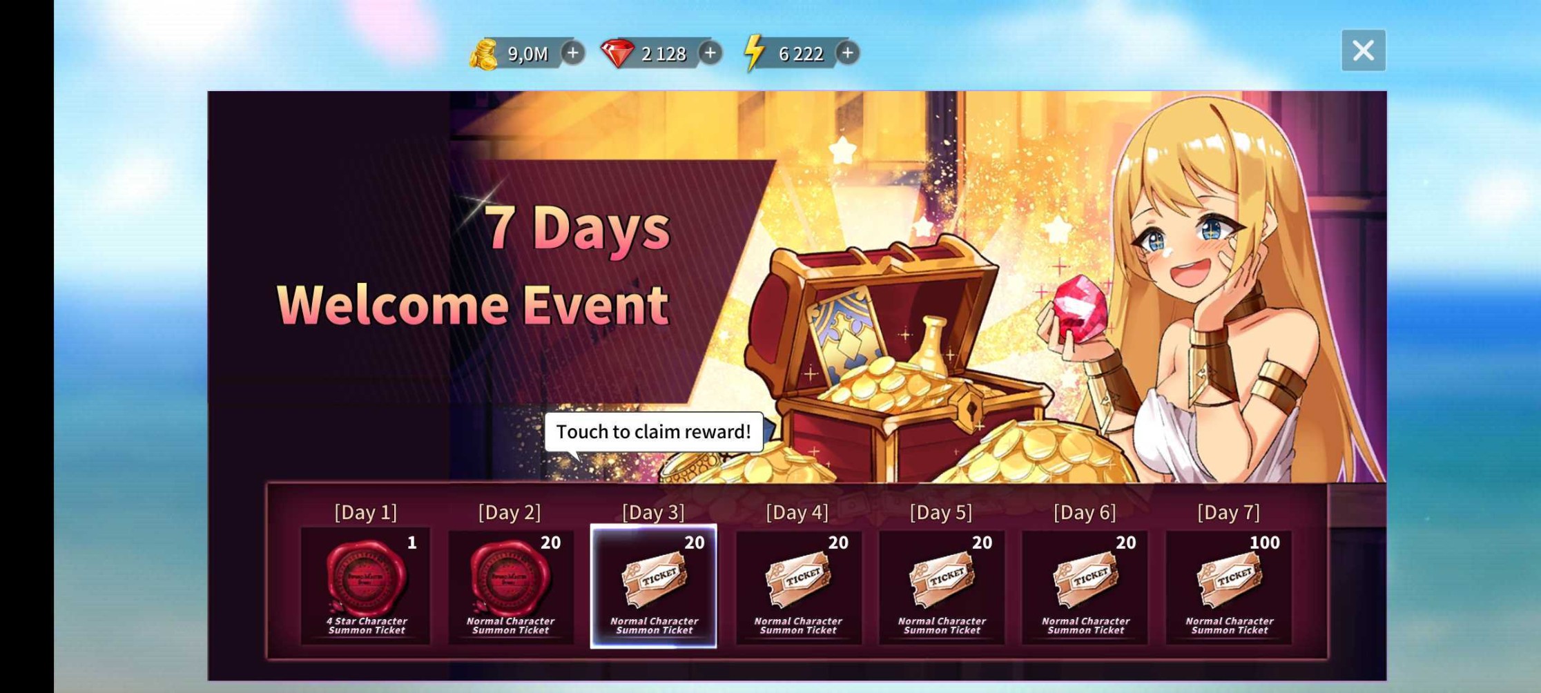 Screen z gry SwordMaster Story ilustrujący nagrody za codzienne logowanie