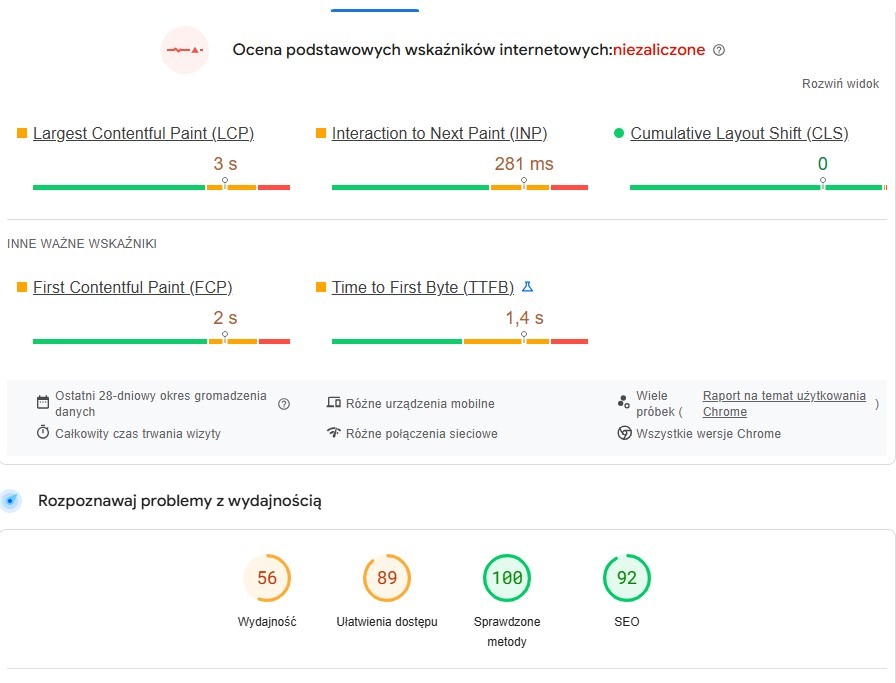 Wynik testu z narzędzia PageSpeed Insights