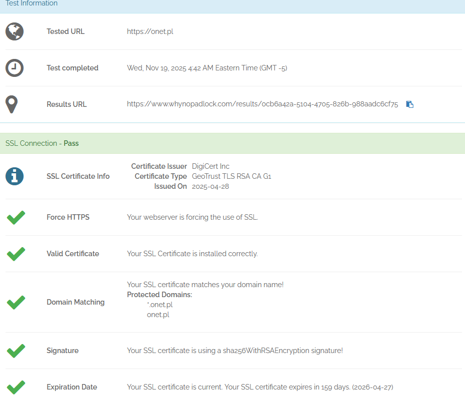 wynik testu w narzędziu whynopadlock