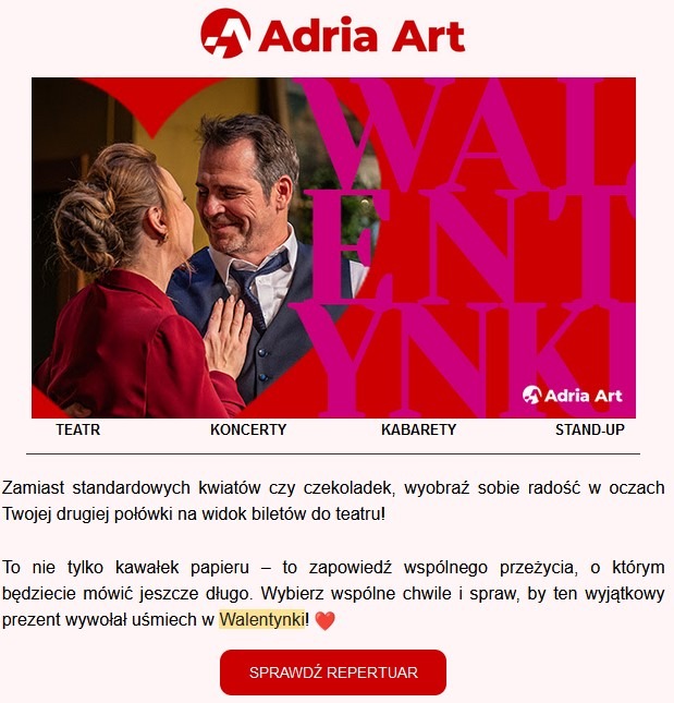 zrzut ekranu z newsletterem od Adria Art