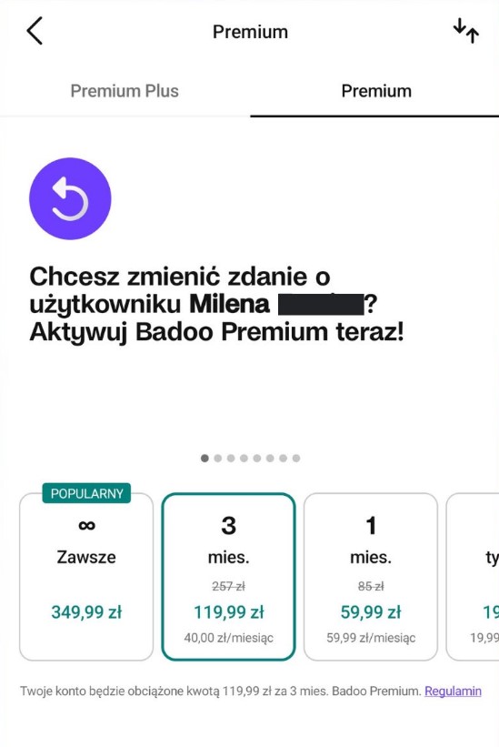 Zrzut ekranu z aplikacji Badoo z zachętą do wykupienia abonamentu premium