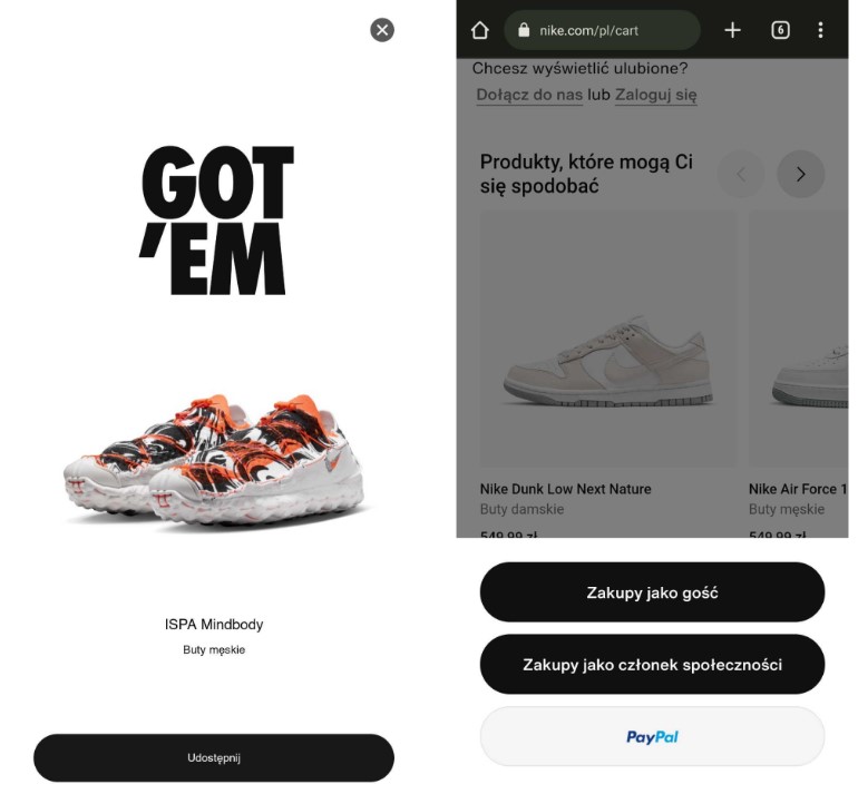 Zrzuty ekranu z aplikacji SNKRS, pierwszy z widocznymi butami i napisem GOT'EM, drugi z wyborem zakupów jako gość lub jako członek społeczności