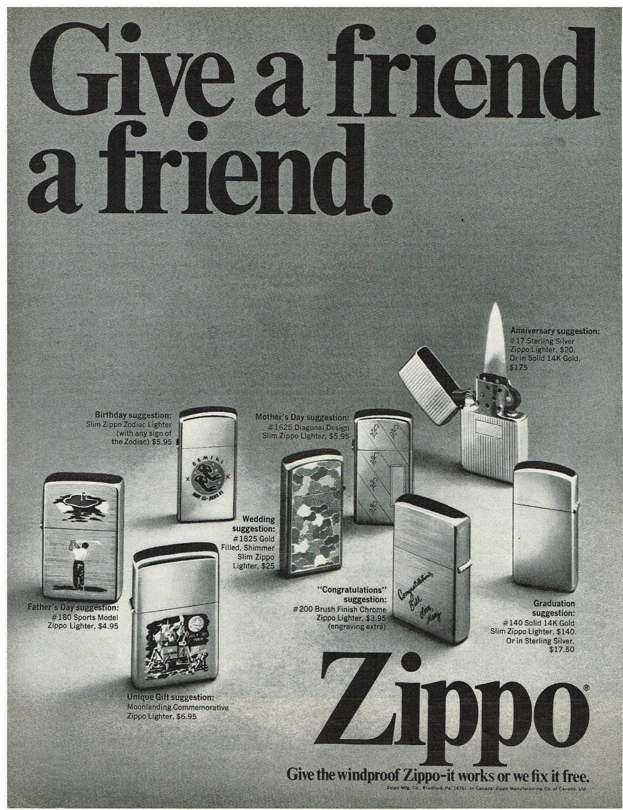 Reklama Zippo z hasłem Give a friend a friend