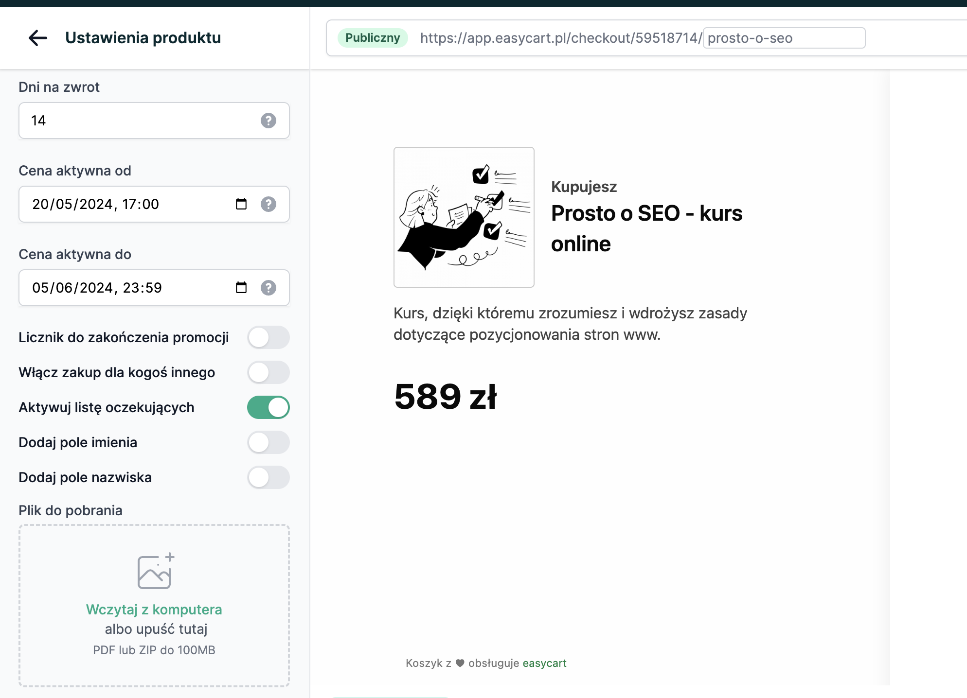 Panel edycji koszyka Easy cart. Wszystko edytujemy wizualnie, na przykład za pomocą prostych przełączników.