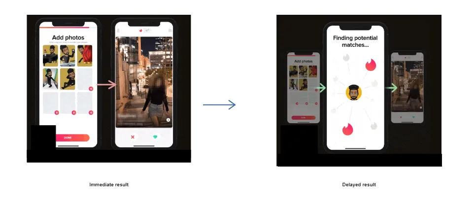 przedstawienie różnicy pomiędzy wyszukiwaniem na tinderze bez animacji opóźniającej wyniki a z animacją