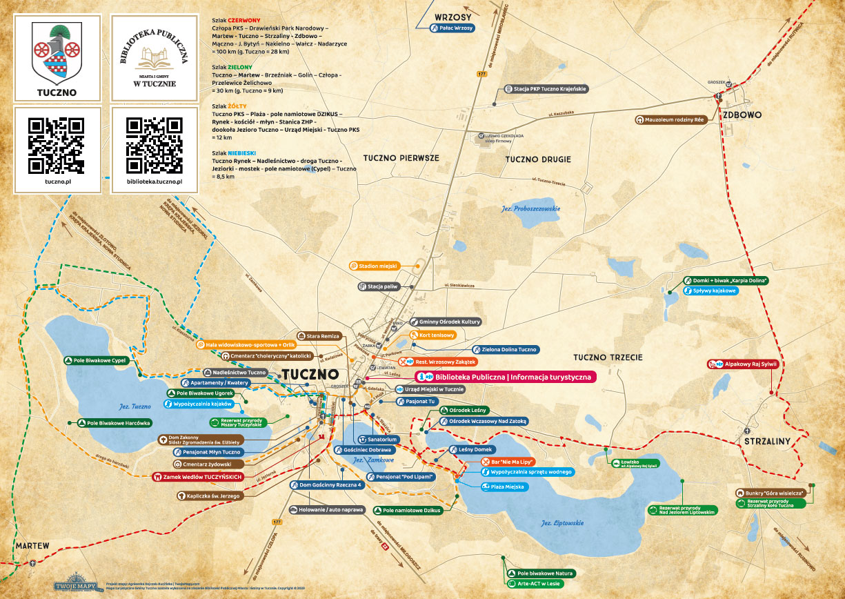 Mapa turystyczna miejscowości Tuczno i okolic