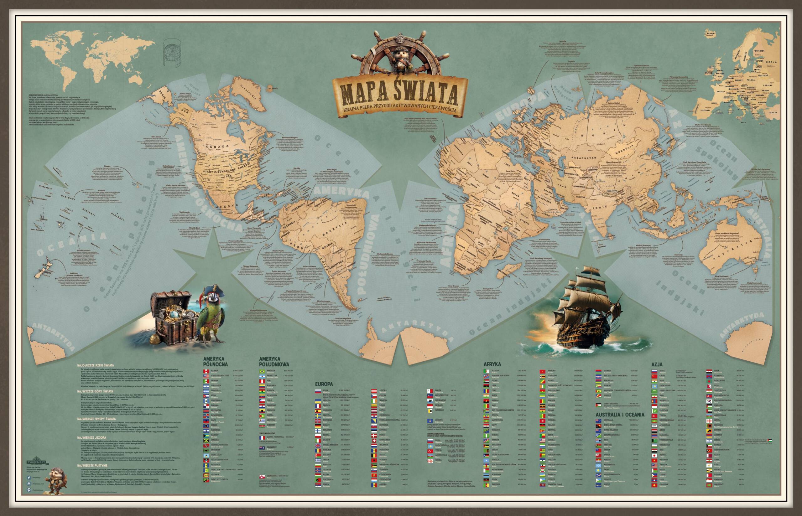 Mapa świata dla dzieci w stylistyce pirackiej
