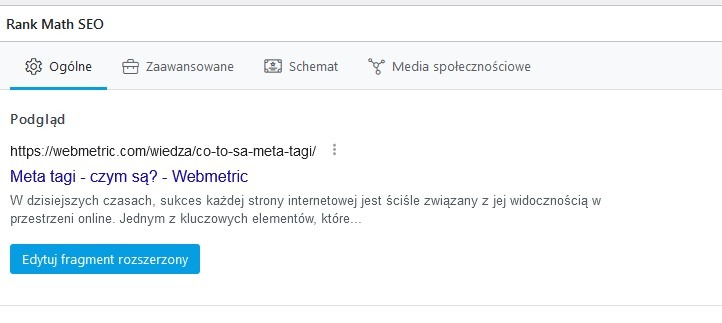 zrzut ekranu z wtyczki rank math seo