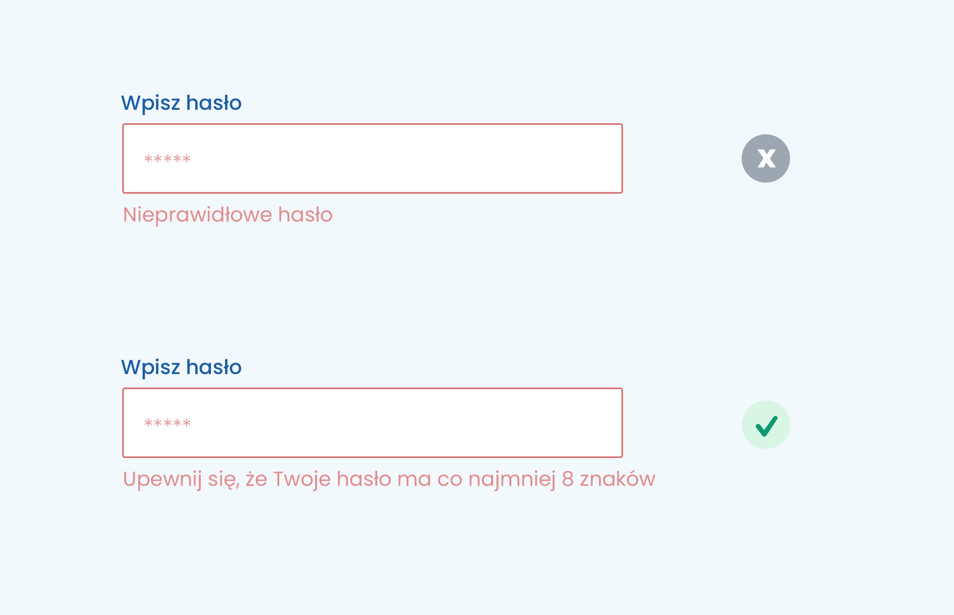 Przykład pola z podpisem "nieprawidłowe hasło" oraz z podpisem "Upewnij się, że Twoje hasło ma co najmniej 8 znaków"