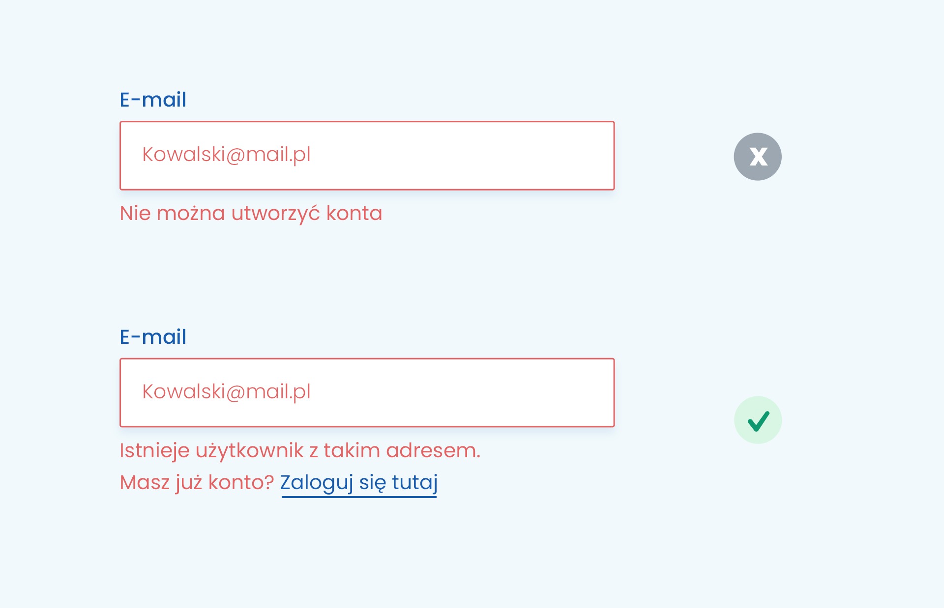 Dwa pola, jedno z podpisem "Nie można utworzyć konta", drugie z podpisem "Istnieje użytkownik z takim adresem. Masz już konto? Zaloguj się tutaj"