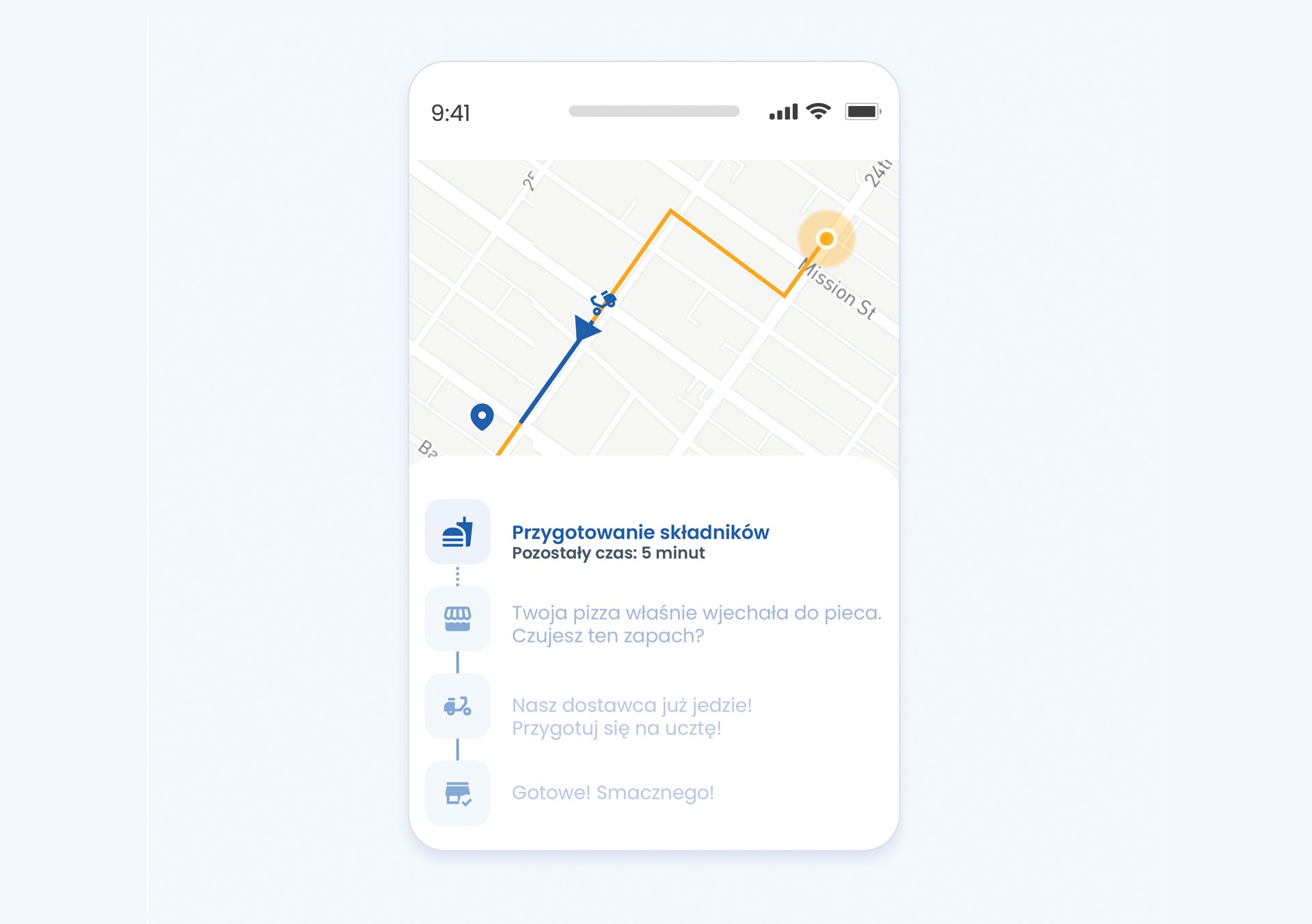 Screen z aplikacji do zamawiania jedzenia z widocznymi komunikatami o kolejnych etapach dostawy.