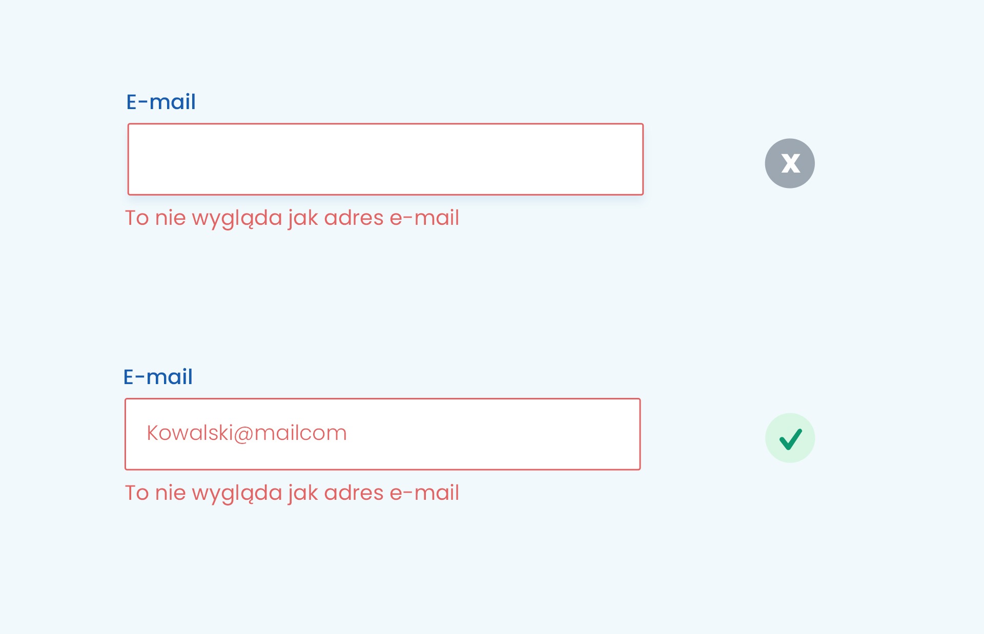 Dwa pola z komunikatem "To nie wygląda jak adres e-mail", jedno puste a drugie z tekstem bez małpy @