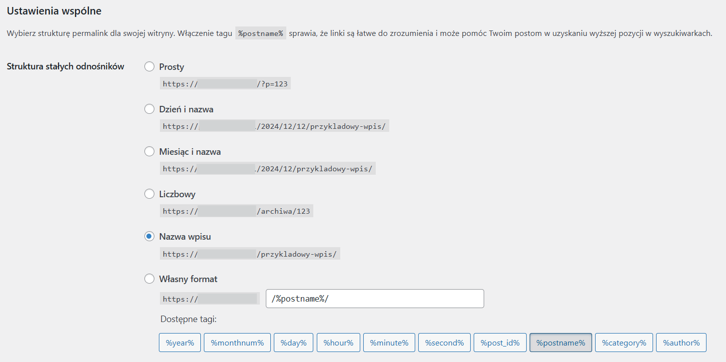wordpress - ustawienia struktury linkow