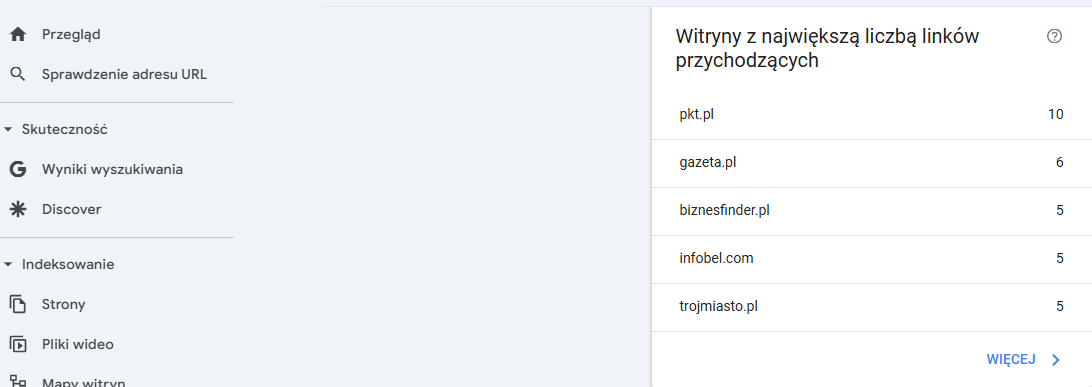 widok raportu Linki w narzędziu Google Search Consol