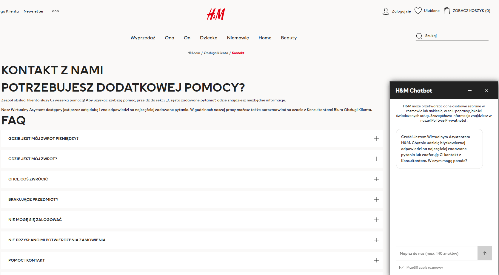 Sklep H&M oferuje klientom rozbudowaną sekcję FAQ, oraz czatbot