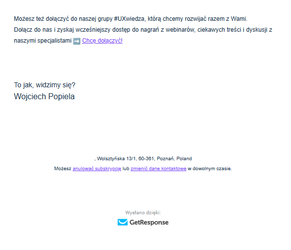 zrzut ekranu przedstawiający możliwość rezygnacji z newslettera w getresponse