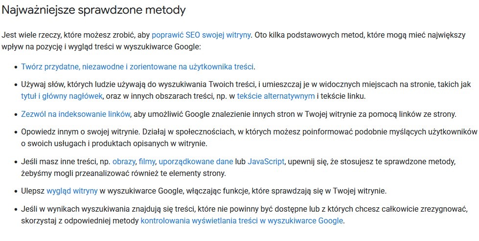 dokumentacja Google na temat metod seo