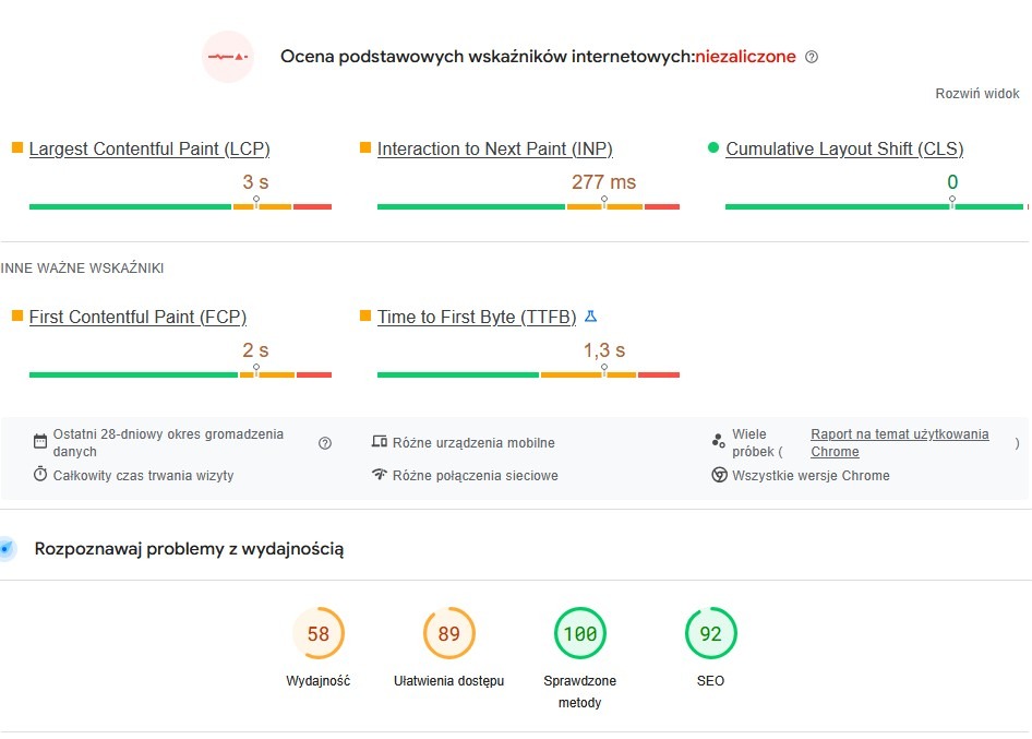 Wynik testu w PageSpeed Insights