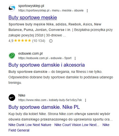 przykładowe wyniki serp z widocznym title i meta description