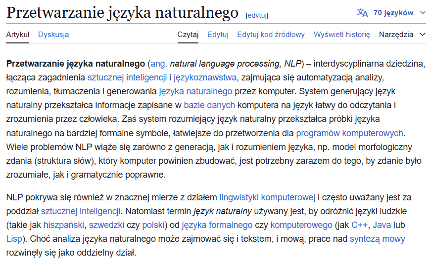 Przetwarzanie języka naturalnego – definicja. Źródło: pl.wikipedia.org/wiki/Przetwarzanie_j%C4%99zyka_naturalnego
