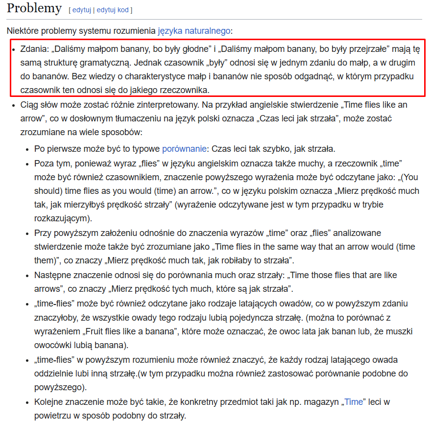 Przykład problematycznych zdań w rozumieniu NLP. Źródło: pl.wikipedia.org/wiki/Przetwarzanie_j%C4%99zyka_naturalnego