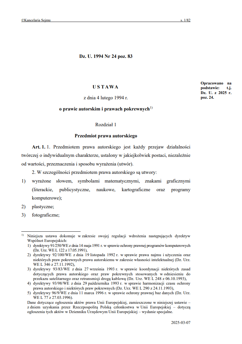 Ustawa o prawie autorskim i prawach pokrewnych z dnia 4 lutego 1994 r. Źródło: isap.sejm.gov.pl/isap.nsf/download.xsp/WDU19940240083/U/D19940083Lj.pdf