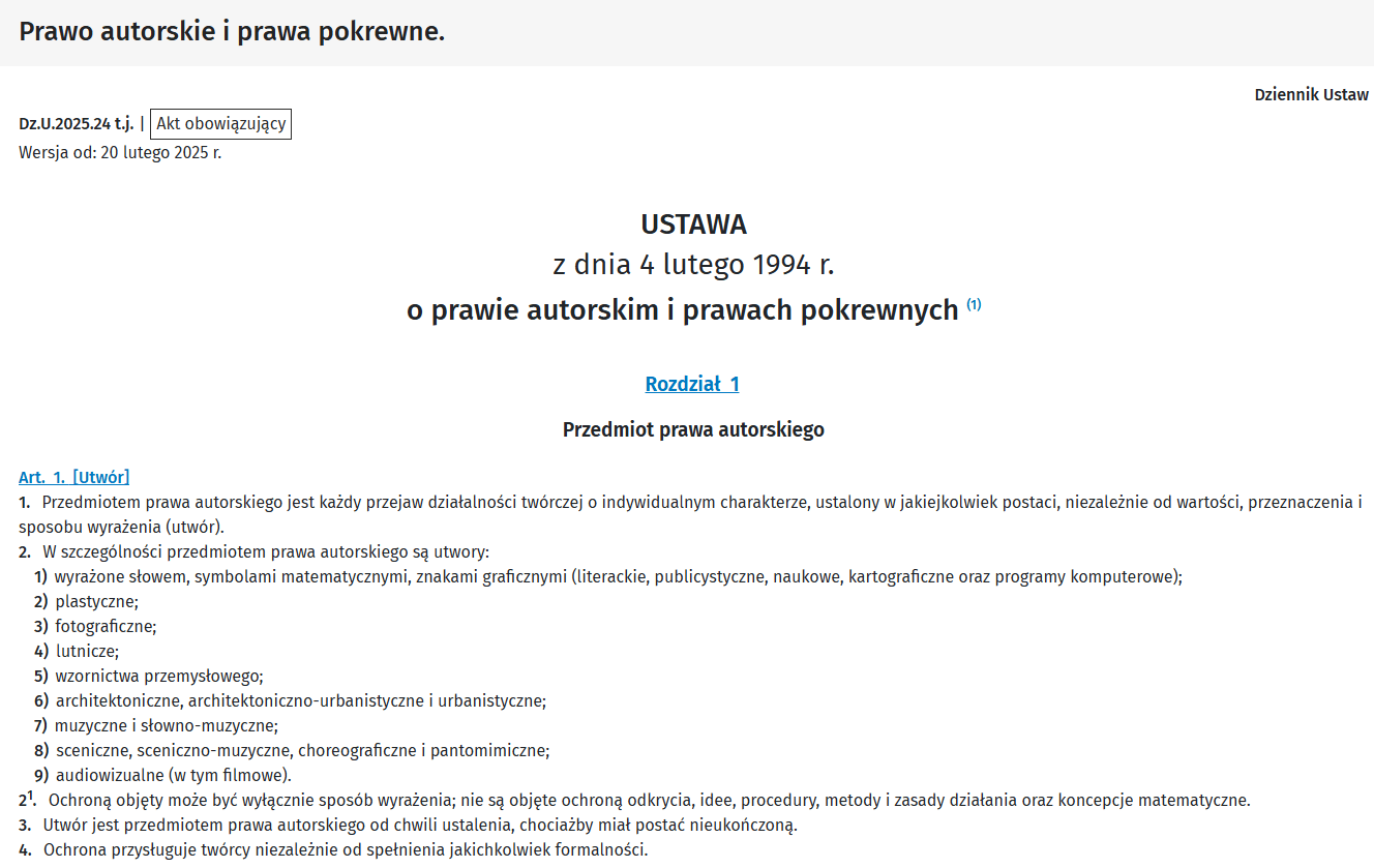 Ustawa o prawie autorskim i prawach pokrewnych – sip.lex.pl. Źródło: sip.lex.pl/akty-prawne/dzu-dziennik-ustaw/prawo-autorskie-i-prawa-pokrewne-16795787
