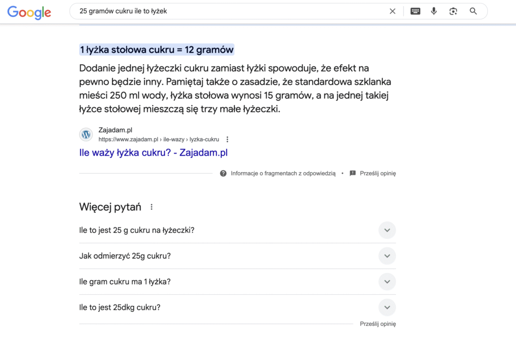 Zero Click Searches dla pytania 25 gramów cukru ile to łyżek. Źródło: google.com