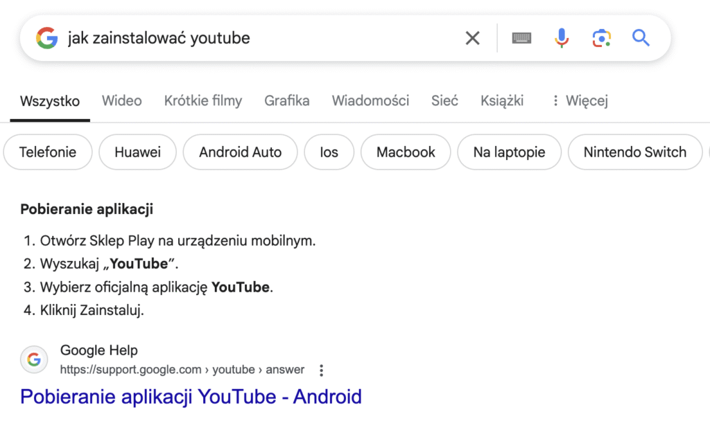 Przykład Featured Snippets w formie listy. Źródło: google.com 
