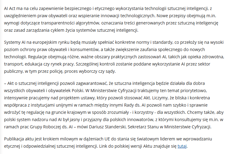 AI Act – wyjaśnienie głównego celu. Źródło: www.gov.pl/web/cyfryzacja/europejski-ai-act-opublikowany