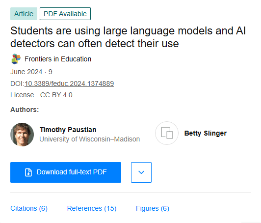 Badanie Timothy Paustian na temat wykorzystania modeli LLM przez studentów. Źródło: www.researchgate.net/publication/381370895_Students_are_using_large_language_models_and_AI_detectors_can_often_detect_their_use