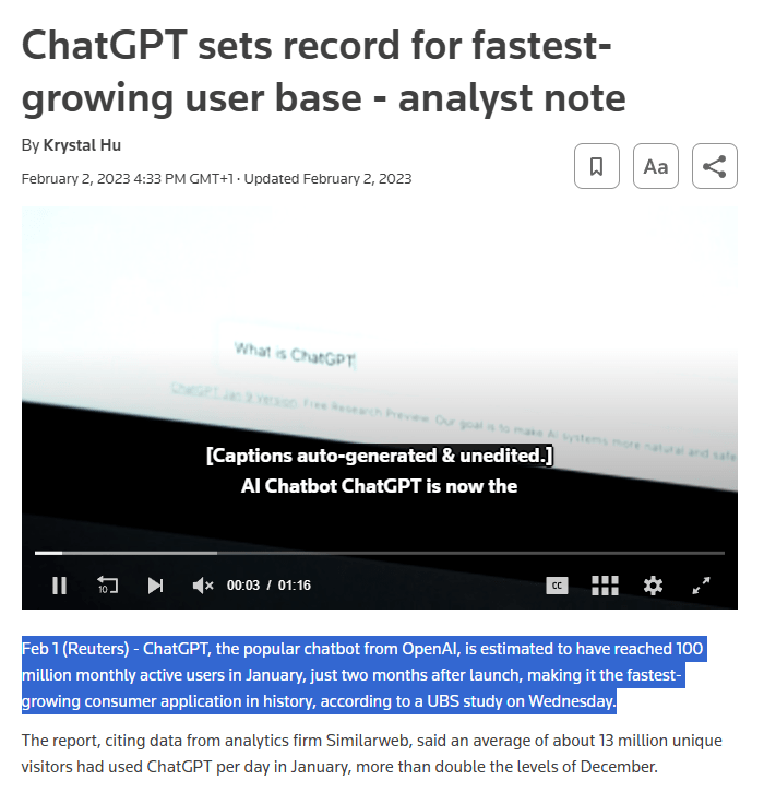 Dane Reuters na temat jednego z najpopularniejszych modeli. Źródło: www.reuters.com/technology/chatgpt-sets-record-fastest-growing-user-base-analyst-note-2023-02-01/