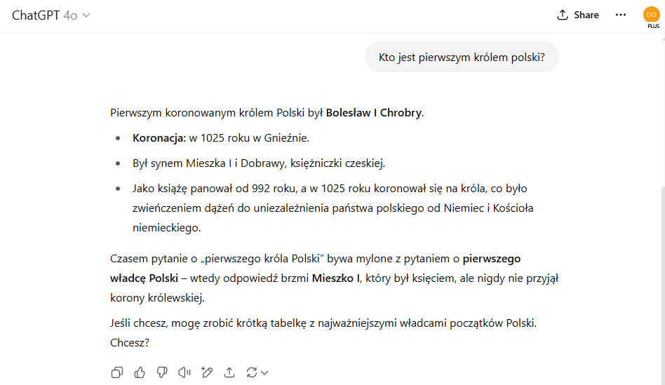 Historyczna odpowiedź ChatGPT, która jest identyczna niezależnie od statusu aktualizacji wiedzy.