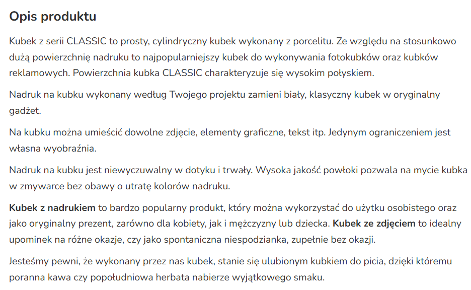 Jakościowy opis produktu Cup Cup.