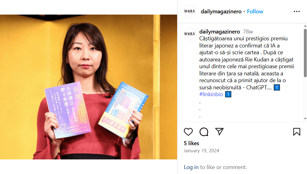 Nagrodzona powieść wygenerowana w większości przez AI. Źródło: www.instagram.com/p/C2SzyJuoV99/