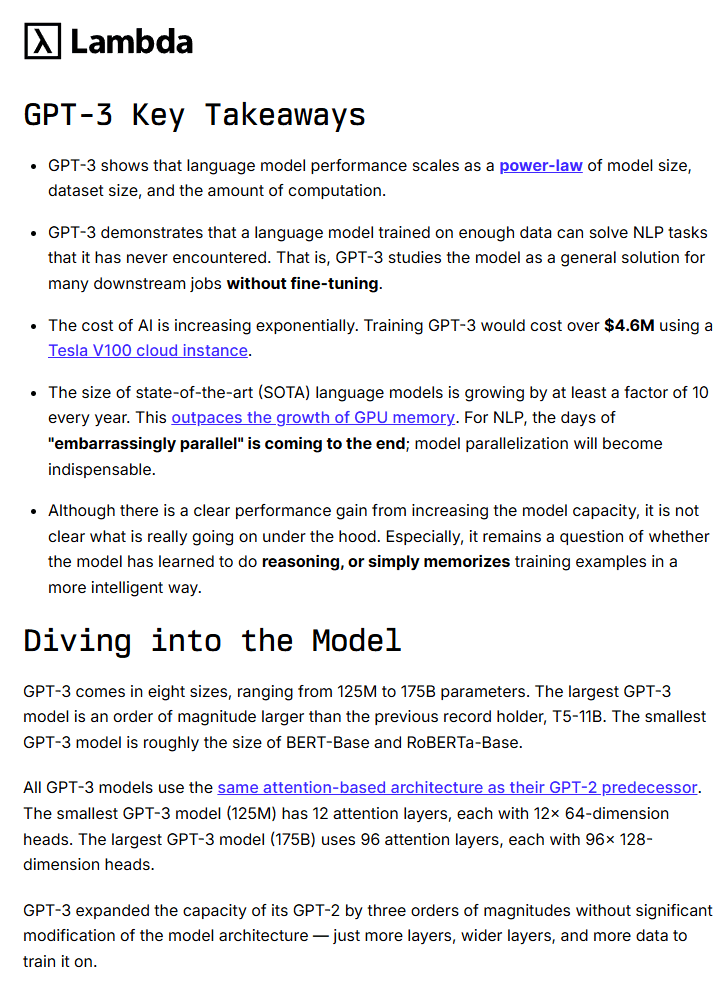 Najważniejsze informacje na temat treningu GPT-3. Źródło: lambda.ai/blog/demystifying-gpt-3