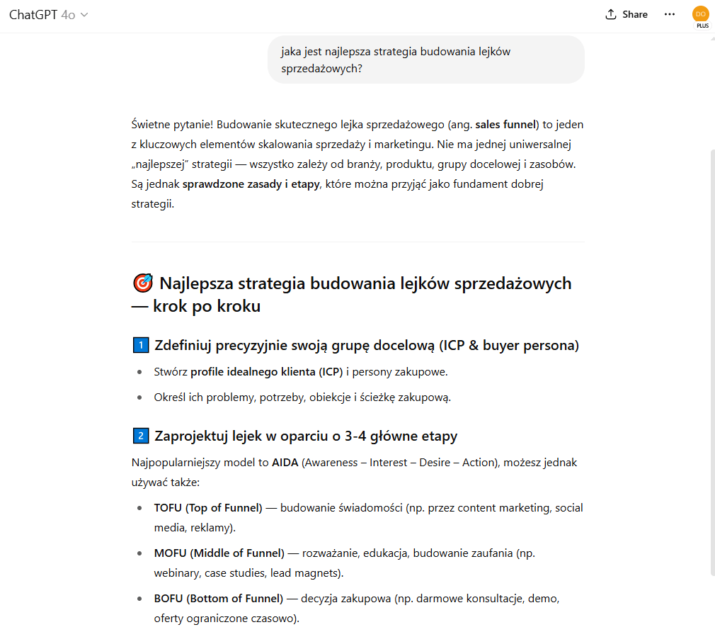 Odpowiedź ChatGPT na temat budowania lejków sprzedażowych.