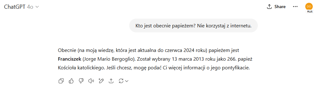 Pytanie ChatGPT o obecnego papieża (lipiec 2025 r.).