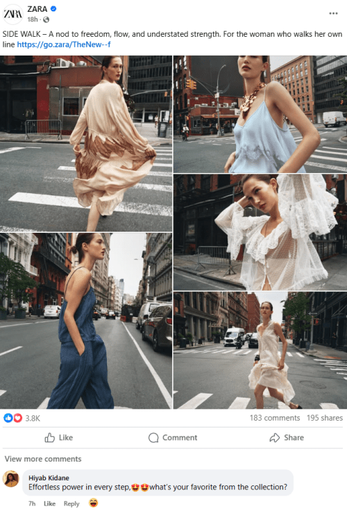 Sprzedażowy post firmy Zara na Facebooku.