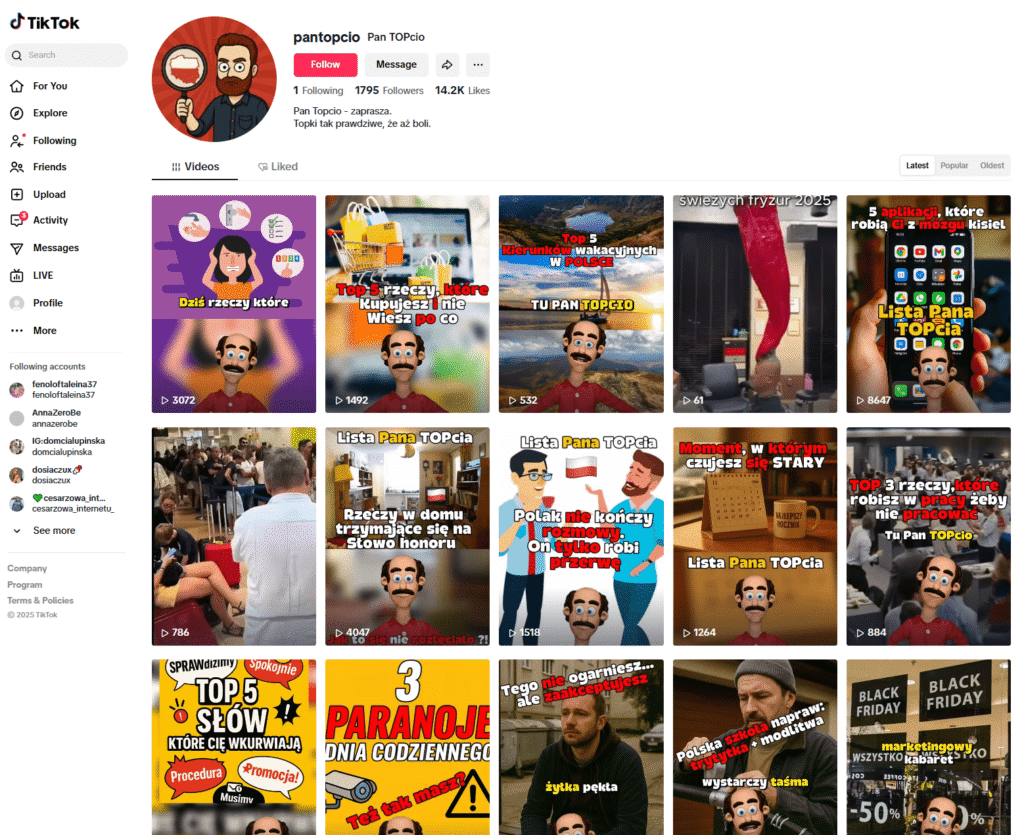 TikTok – przykładowy serwis z wideo. Źródło: www.tiktok.com/@pantopcio