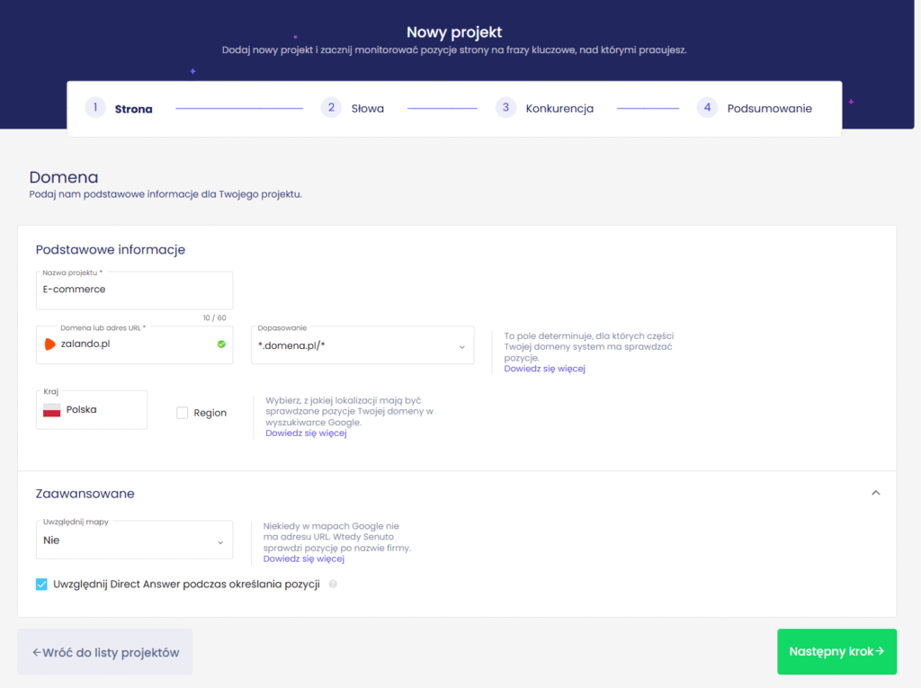 Tworzenie nowego projektu w sekcji monitoringu.