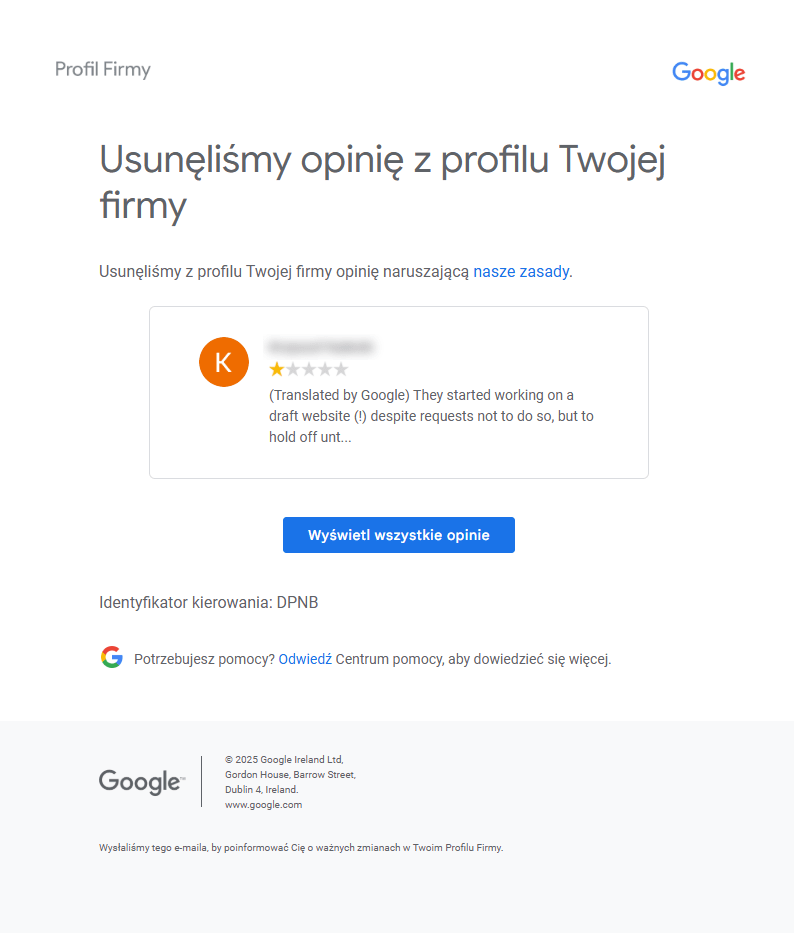 potwierdzenie usunięcia opinii