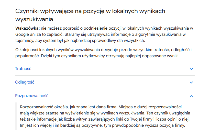 Fragment dokumentacji Google wskazujący czynniki wpływające na obecność w lokalnych wynikach wyszukiwania.