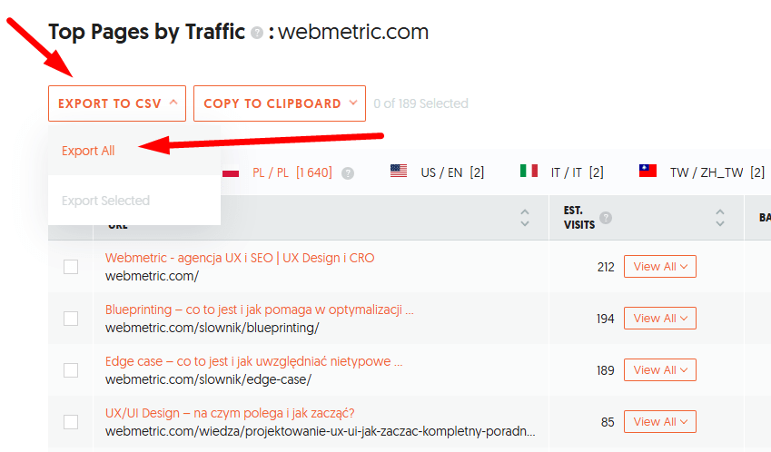 Eksport do CSV w Ubersuggest.