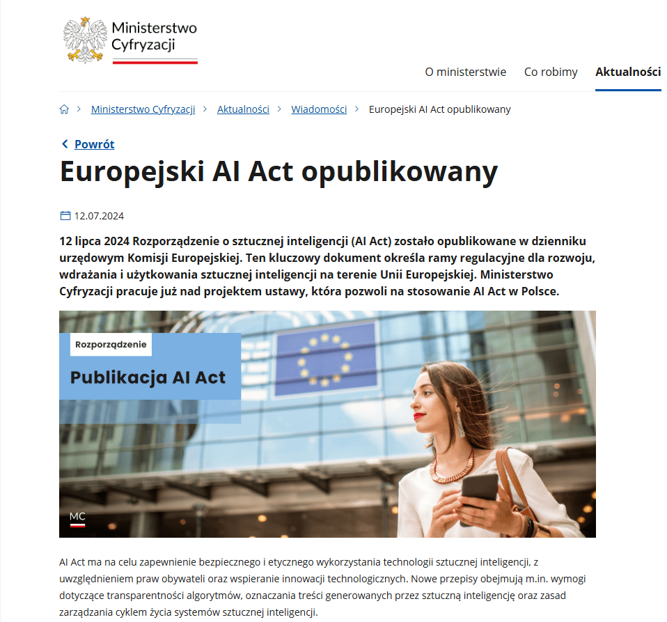 Europejski AI Act – aktualności w serwisie GOV. Źródło: www.gov.pl/web/cyfryzacja/europejski-ai-act-opublikowany