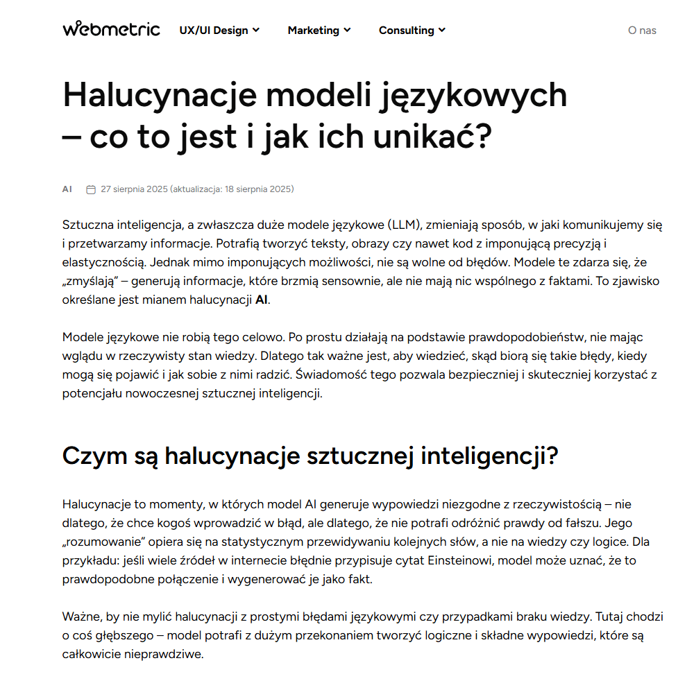 Klarowne nagłówki na blogu Webmetric. Źródło: webmetric.com/wiedza/halucynacje-modeli-jezykowych-co-to-jest-i-jak-ich-unikac/