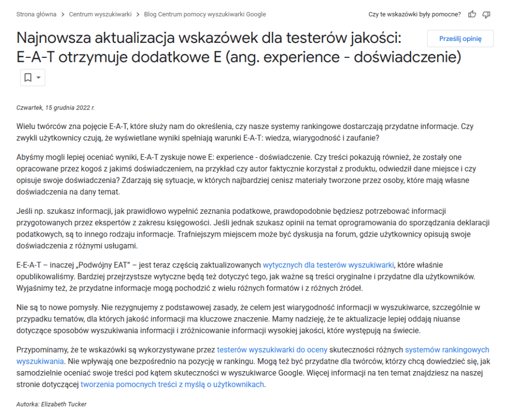 Najważniejsze informacje o E-E-A-T. Źródło: developers.google.com/search/blog/2022/12/google-raters-guidelines-e-e-a-t?hl=pl