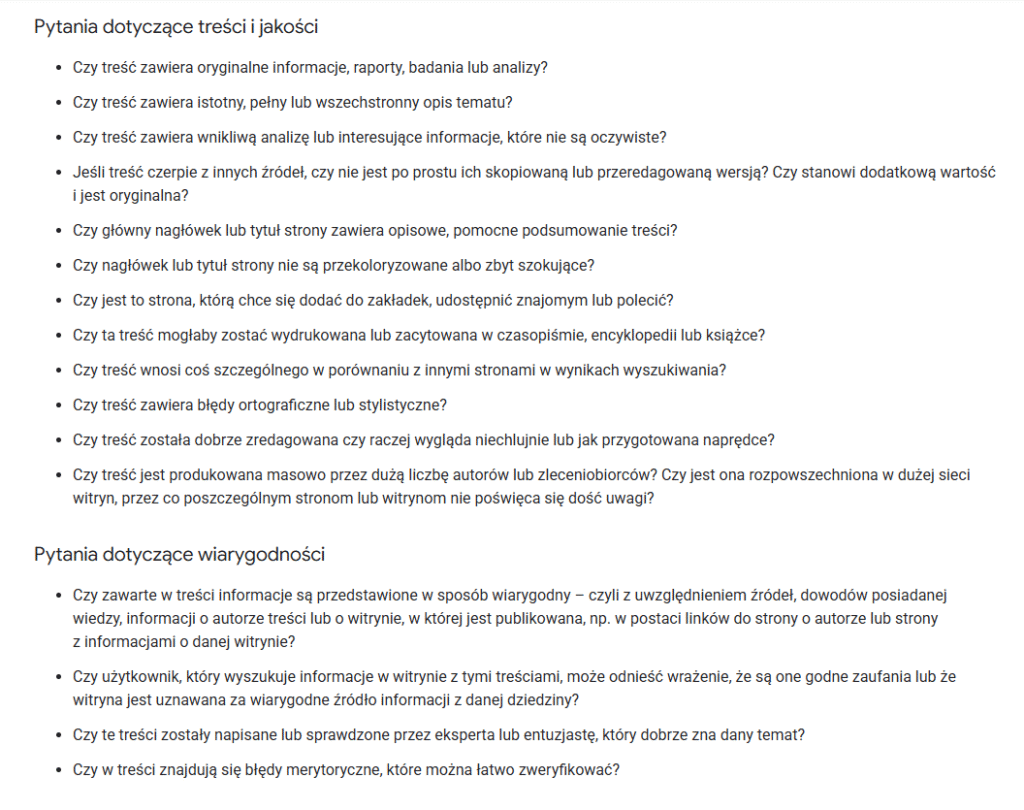 Najważniejsze pytania odnośnie jakości i wiarygodności treści. Źródło: developers.google.com/search/docs/fundamentals/creating-helpful-content?hl=pl